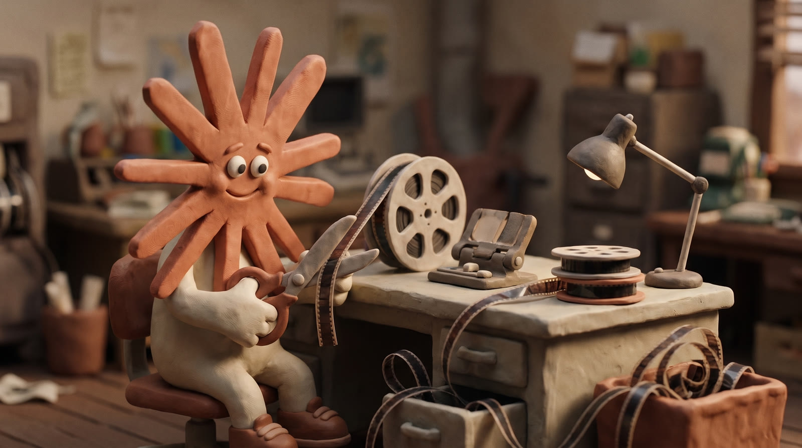 Claymation Claude at a film editing bench with scissors