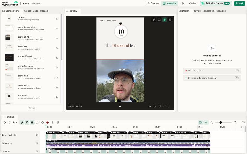 HyperFrames Studio showing a video project with its timeline of scenes and captions