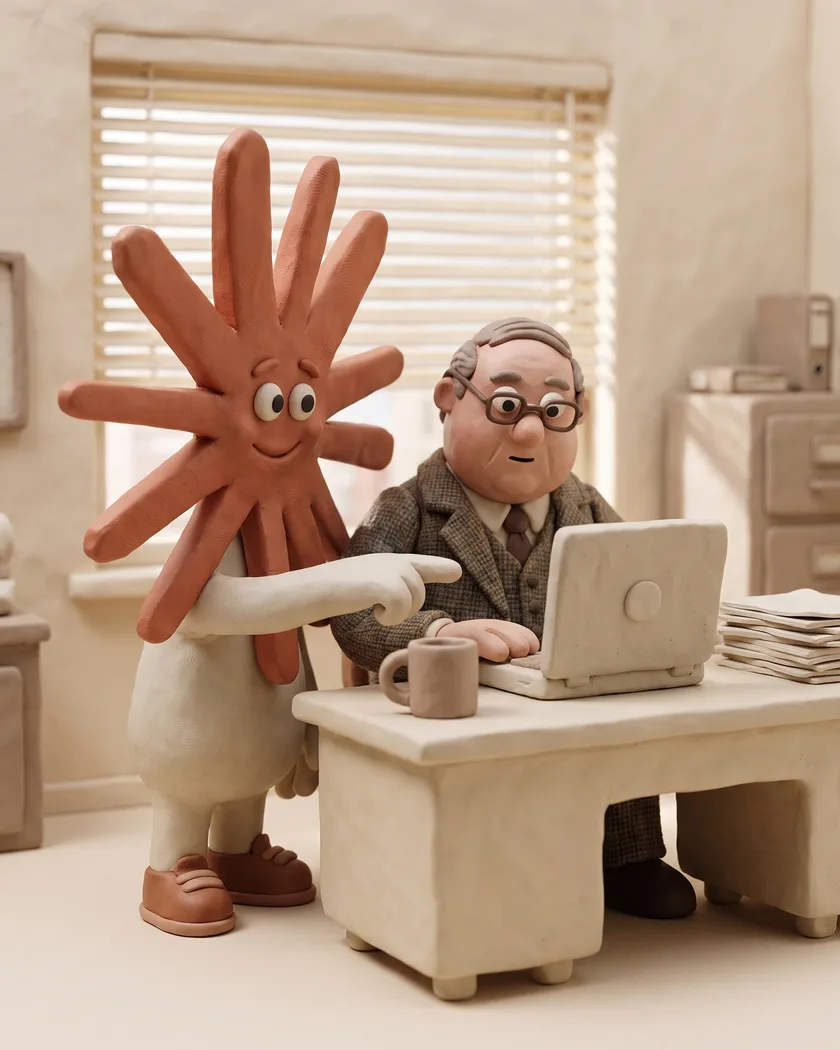The Claude character helping a business owner at their computer