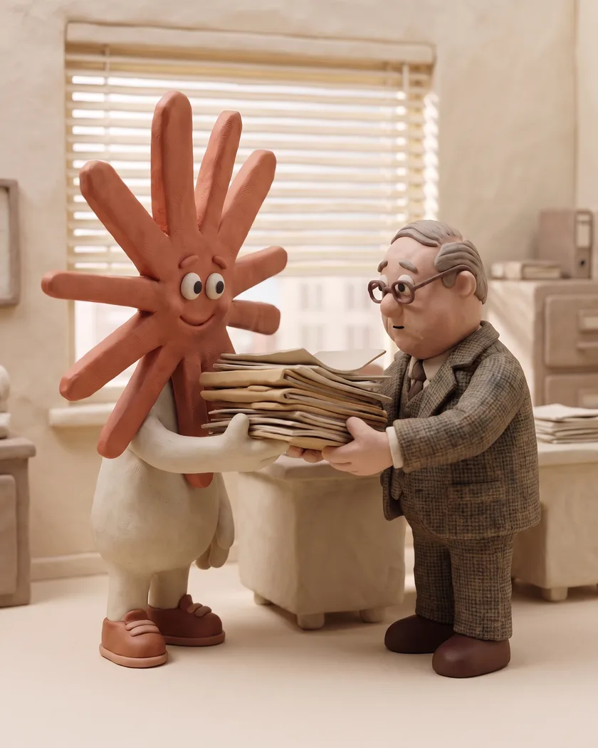 The Claude character taking a pile of files and documents from a business owner