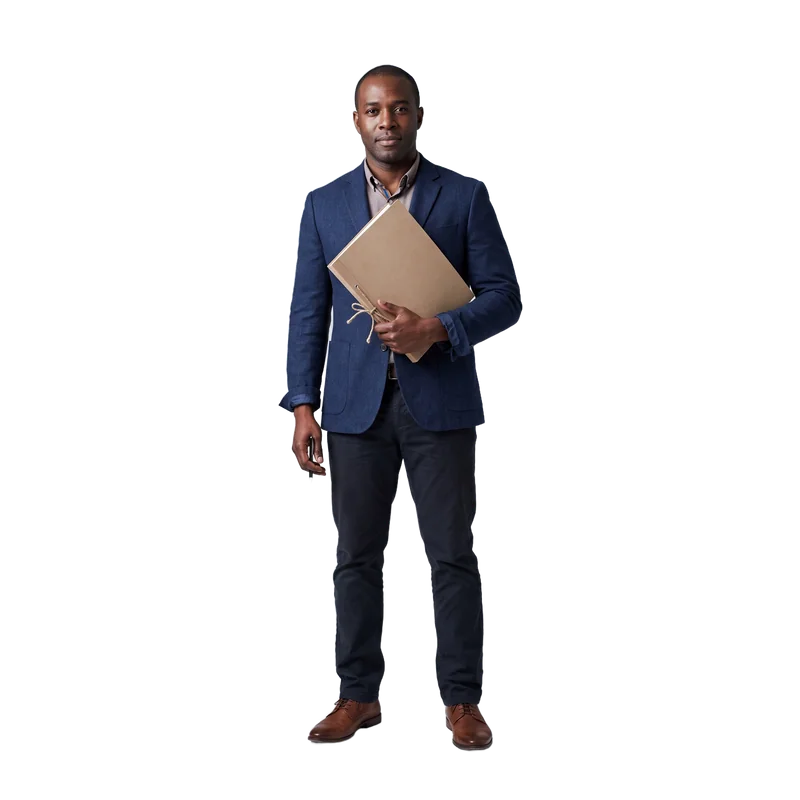 A man in a blue jacket holding a bound proposal