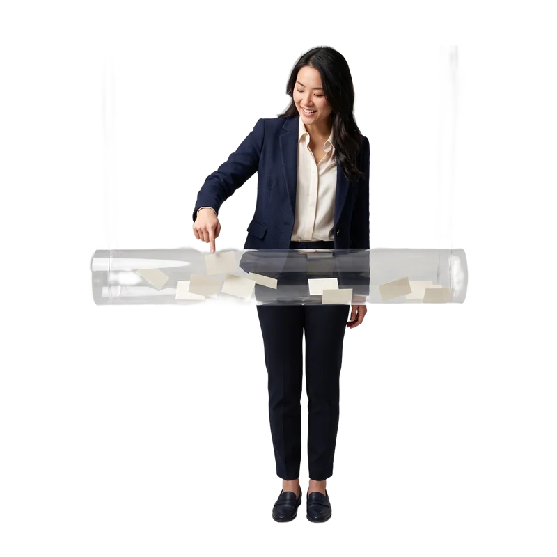 A woman poking a clear tube of paper cards that floats at her waist