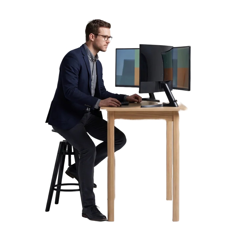 A man with glasses on a stool at a desk with 3 screens, researching