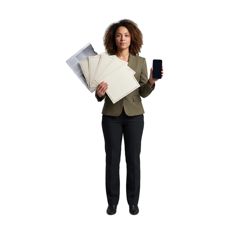 A woman fanning out printed cards, a phone in her other hand