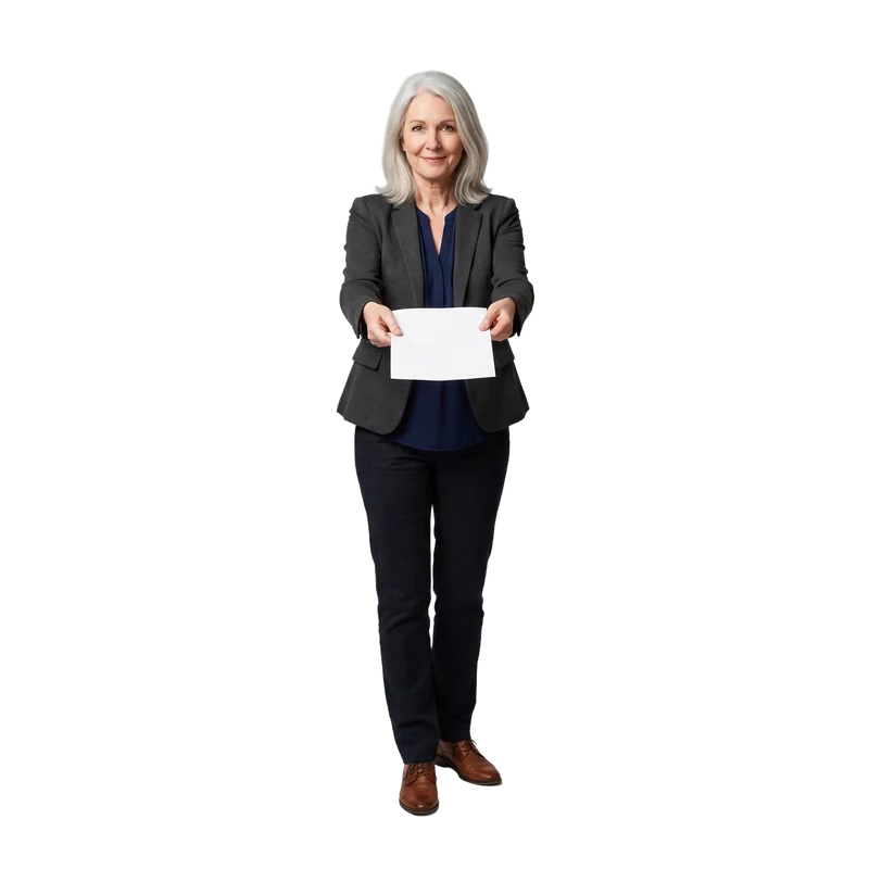 A silver-haired woman offering a single sheet of paper