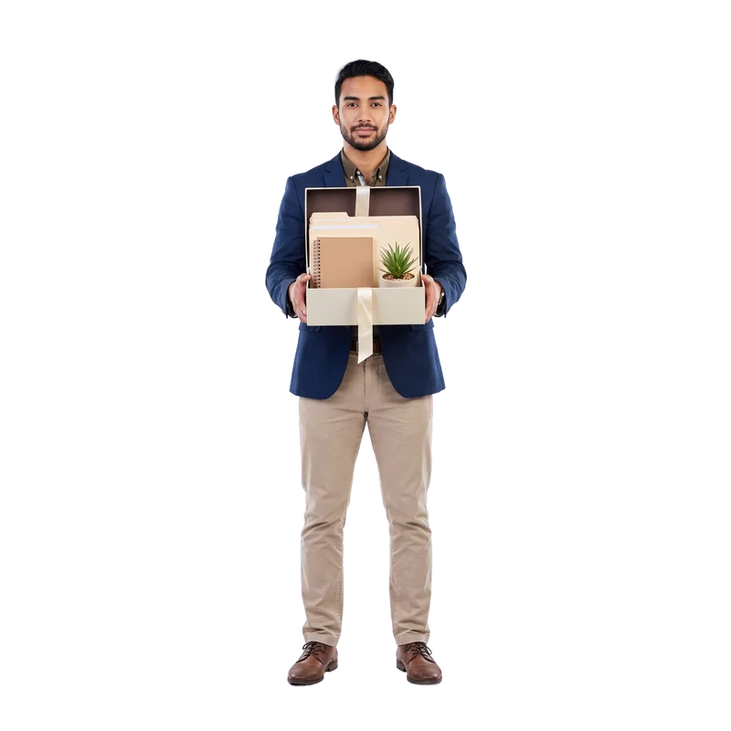 A man holding out a welcome box of folders and a small plant