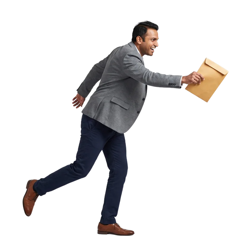 A man mid-stride, an envelope in his outstretched hand