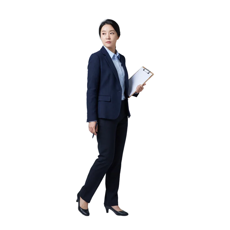 A woman with a clipboard and pen, looking about between desks