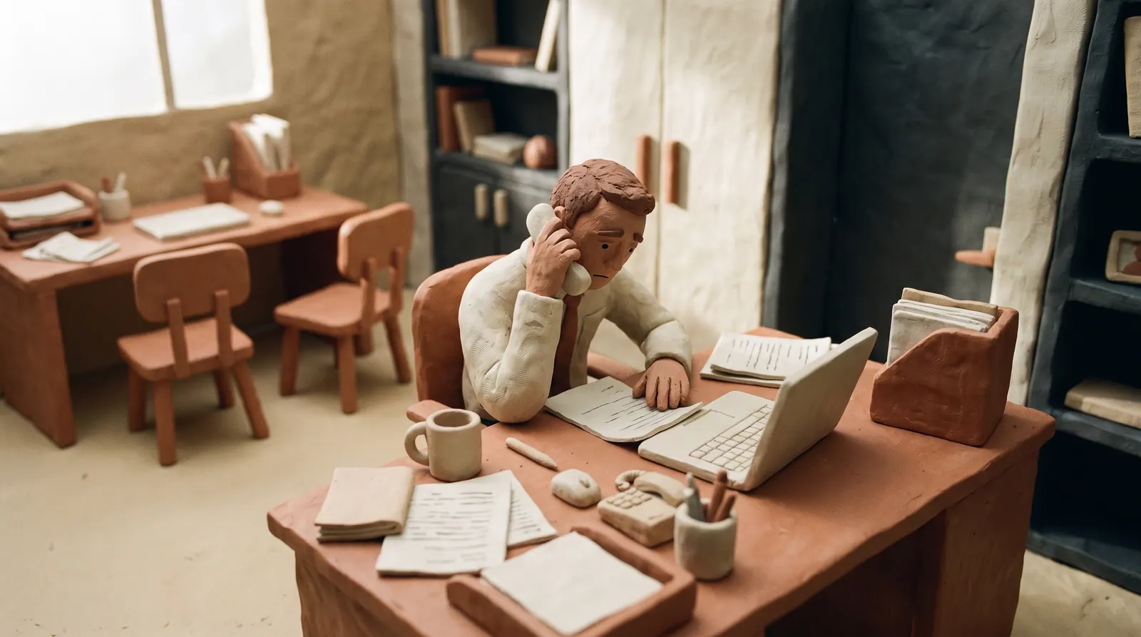 Frame 1: one person alone at a desk covered in paper, doing everything themselves