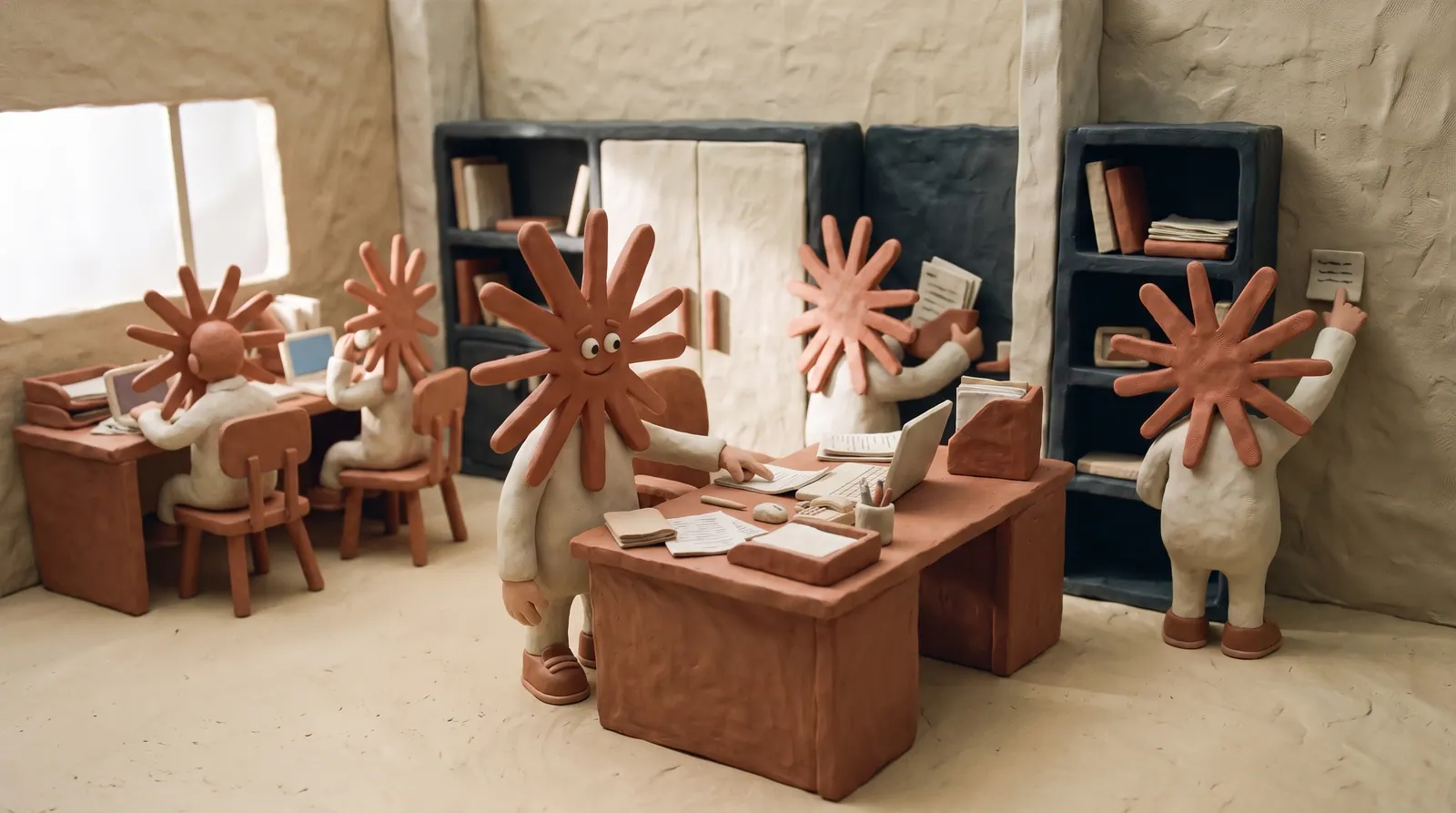 Frame 3: five assistants at work, the person starting to direct