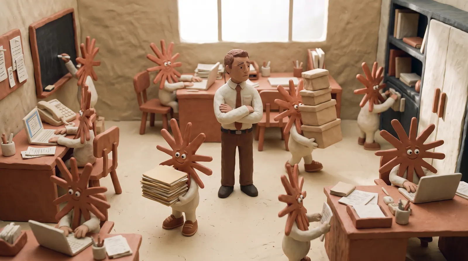 Frame 4: ten assistants, the room full and busy