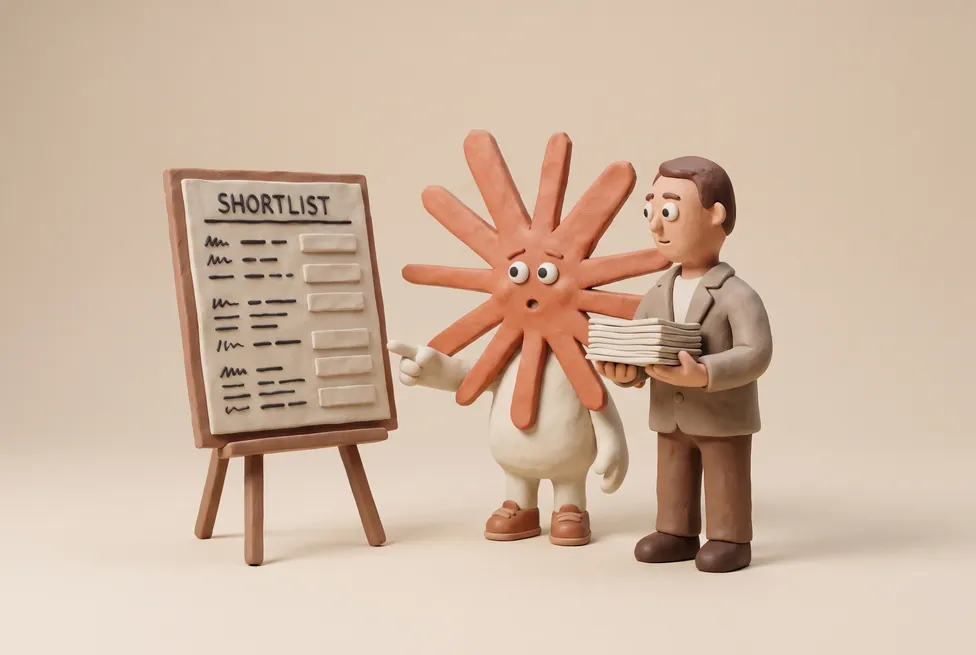 The Claude character with a recruiter with a stack of CVs and a shortlist board