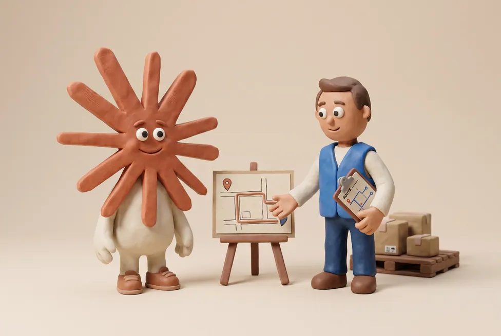 The Claude character with a logistics coordinator with a clipboard beside a pallet and a route map