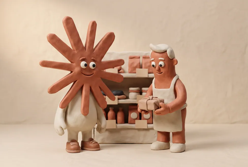 The Claude character with a retailer with a parcel, price tags and a stocked shelf