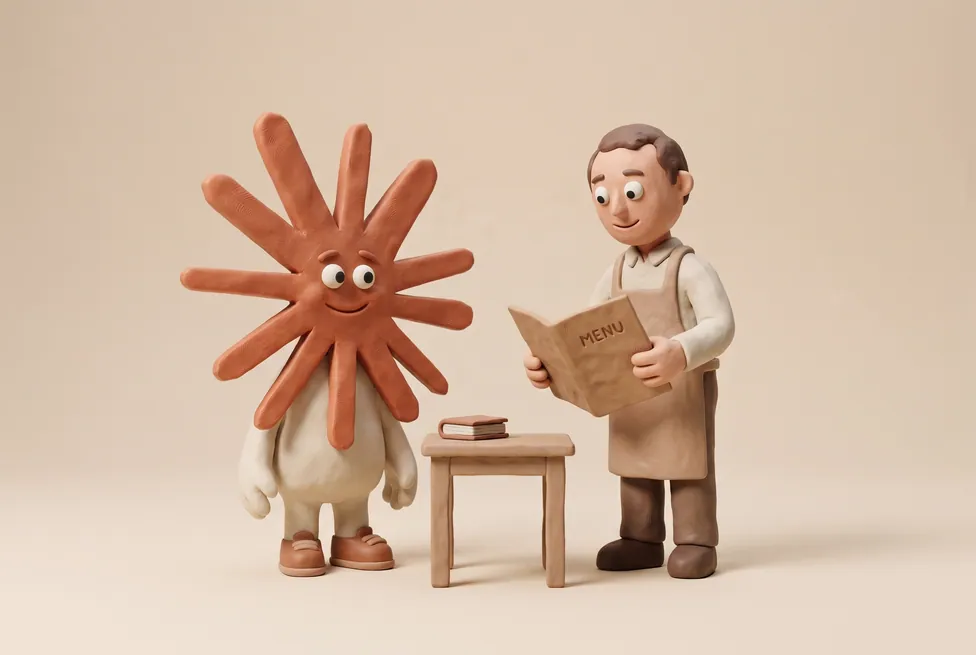 The Claude character with a restaurateur holding a menu beside a laid table and a booking book