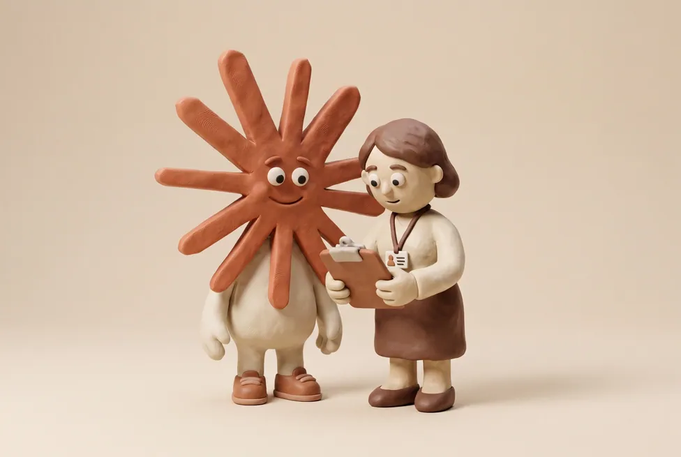 The Claude character with a care home manager with care notes, warm and attentive