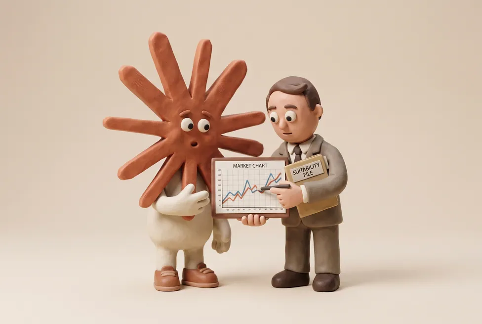 The Claude character with a financial adviser with a market chart and a suitability file