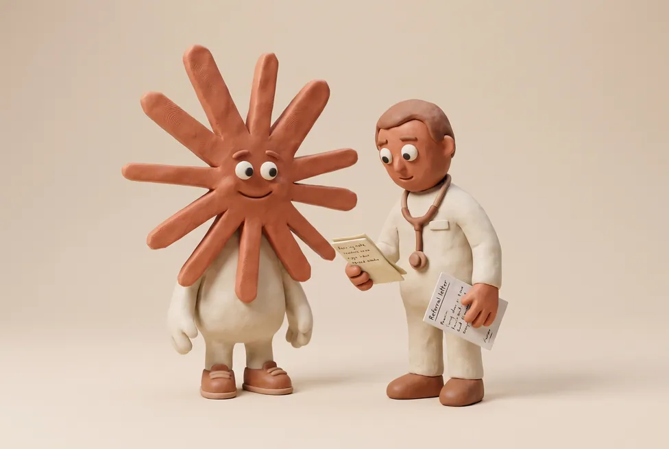 The Claude character with a clinician with notes, a stethoscope and a referral letter