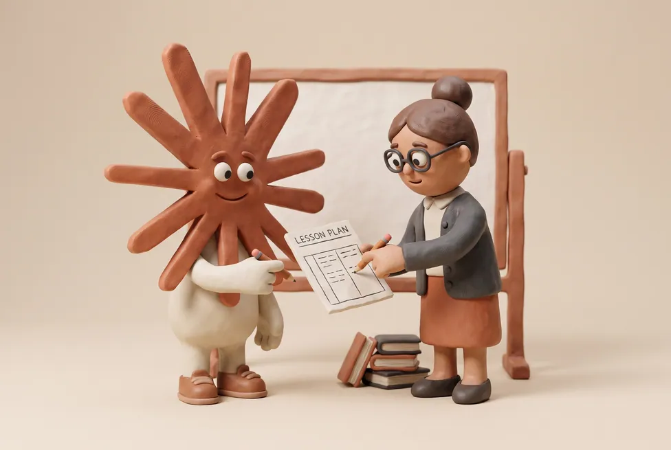 The Claude character with a teacher with a lesson plan beside a whiteboard and a pile of books