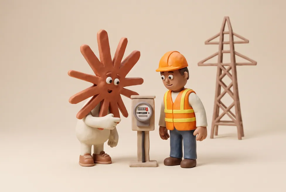 The Claude character with an energy engineer in hi-vis reading a meter, a pylon behind