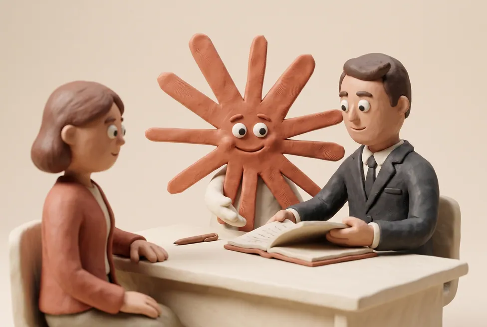 The Claude character with a professional services adviser with a bound proposal, a client seated across the desk