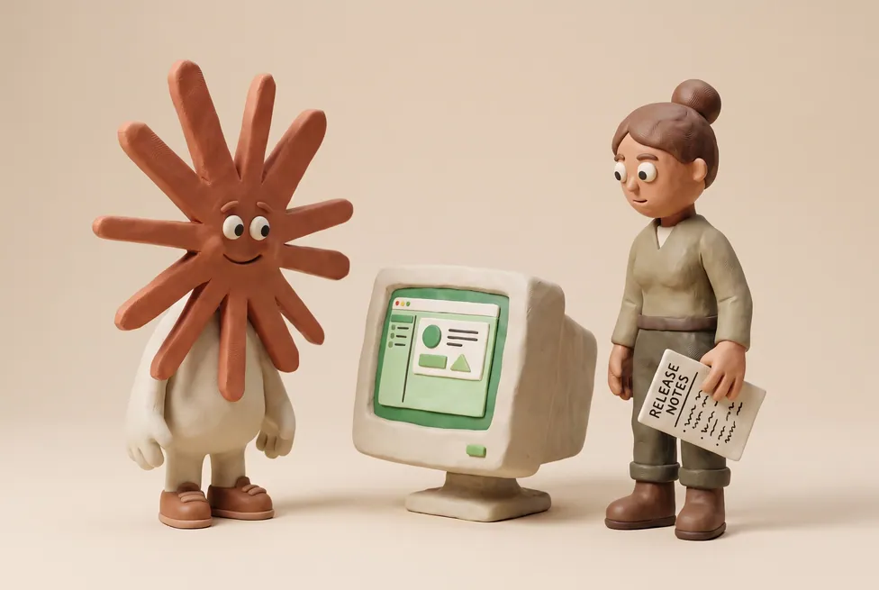 The Claude character with a software product person with release notes and a product screen on a clay monitor