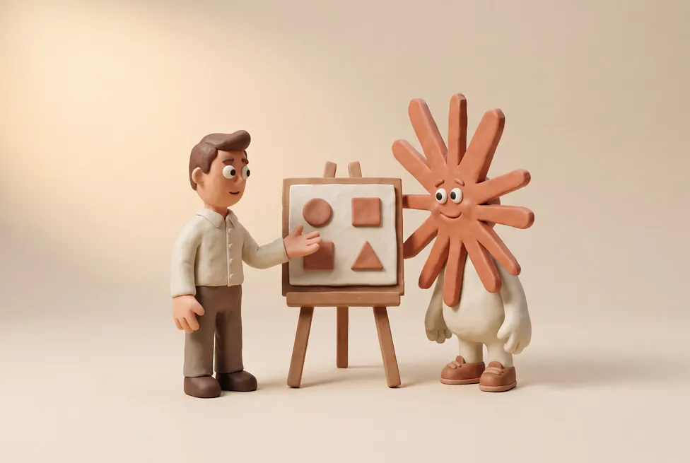 The Claude character with an agency creative presenting a pitch deck on an easel