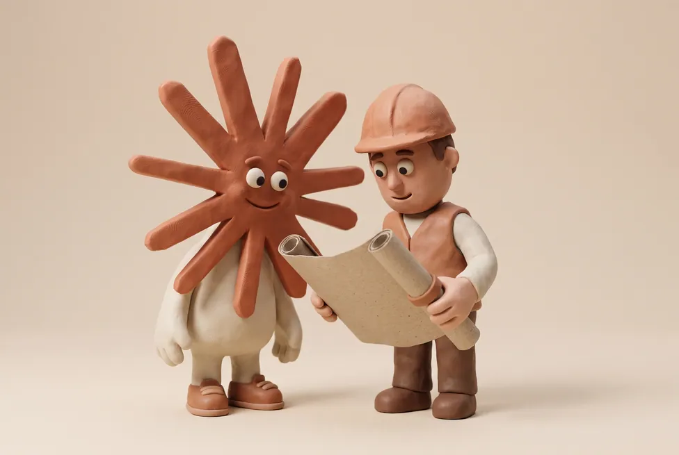 The Claude character with a construction manager in a hard hat holding rolled drawings