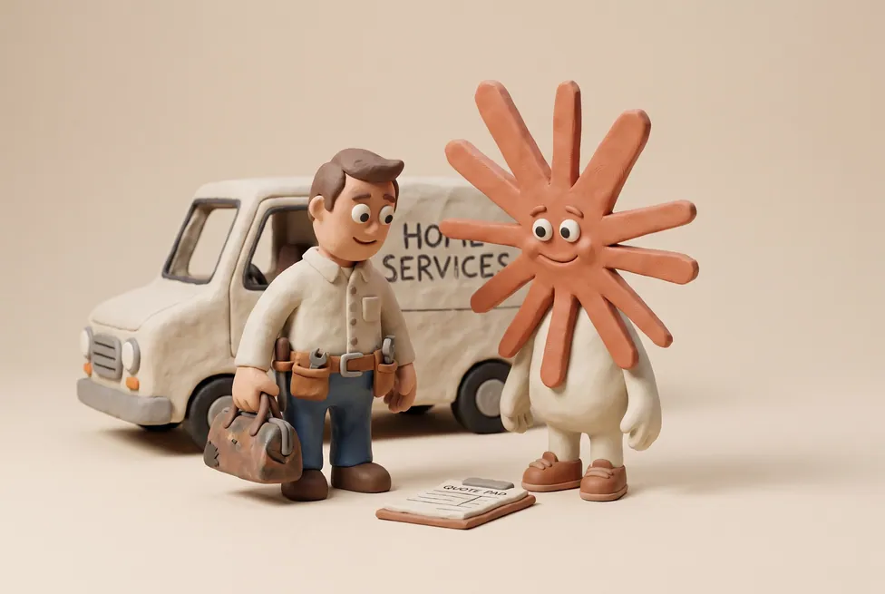 The Claude character with a home services tradesperson with a tool bag, a small van behind and a quote pad