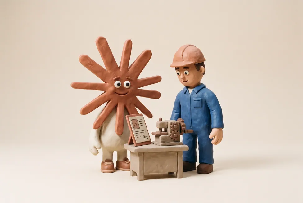 The Claude character with a manufacturing supervisor in overalls with a spec sheet beside a small machine