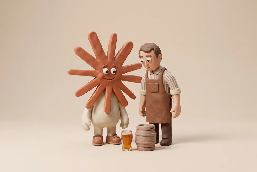 The Claude character with a brewer in an apron with a tasting glass beside a keg