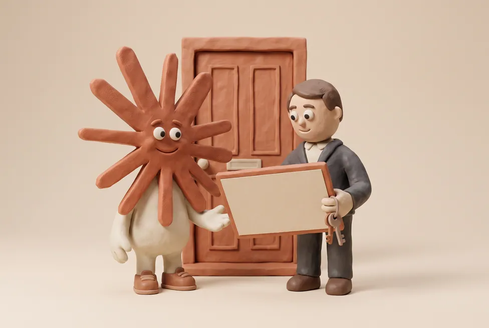 The Claude character with an estate agent holding keys beside a listing board at a front door