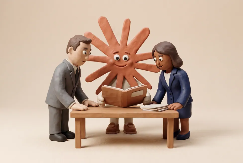 The Claude character with a founder and managing director at the head of a boardroom table with a board pack open in front of them