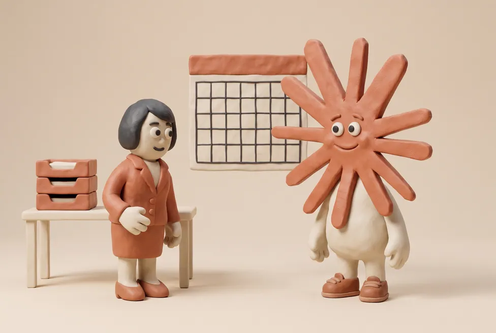 The Claude character with an executive assistant with a wall calendar and neatly sorted inbox trays