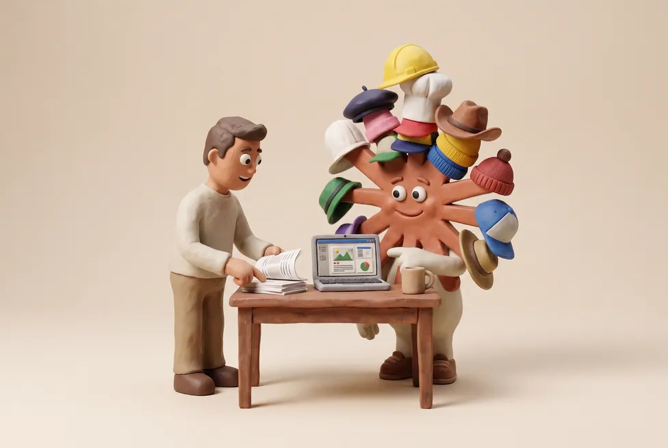 The Claude character with a solo business owner at a kitchen table with a laptop, a mug and a pile of paperwork, wearing every hat