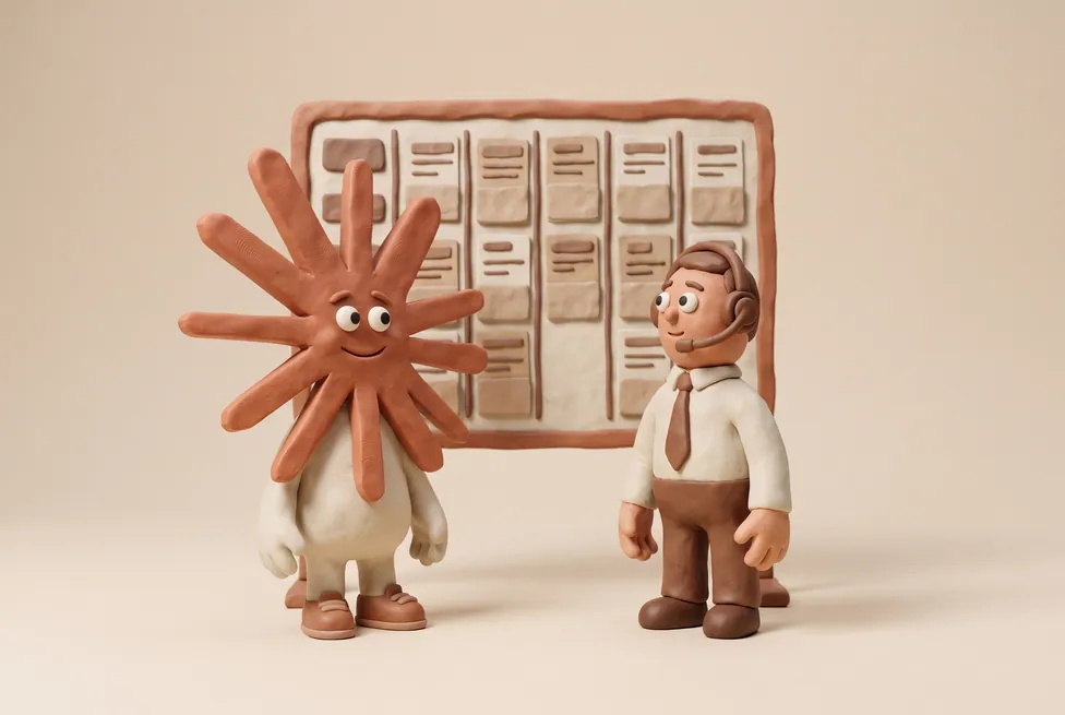 The Claude character with a sales leader wearing a headset with a pipeline board of cards behind them