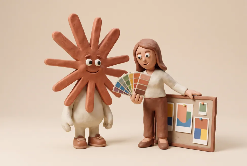 The Claude character with a marketing leader in front of a campaign wall of pinned posters, holding colour swatches