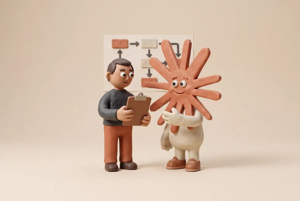 The Claude character with an operations leader holding a clipboard beside a process flow chart on the wall