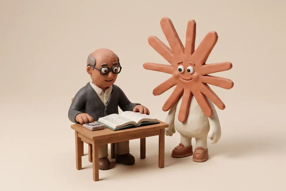 The Claude character with a finance leader with spectacles at a desk with a ledger and a calculator