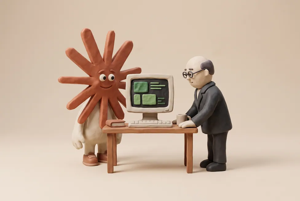 The Claude character with a technology leader at a keyboard with a terminal window on a chunky clay monitor