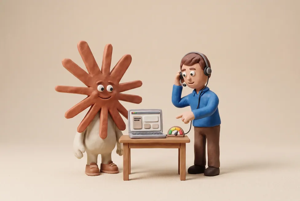 The Claude character with a customer success manager on a call, with a satisfaction dial on the desk